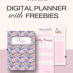 Puede incluir: Planificador digital con obsequios. La imagen muestra un planificador con estampado floral y varias plantillas de planificador rosas y blancas. El texto de la imagen dice "10 Plantillas" y "Planificador digital con obsequios."