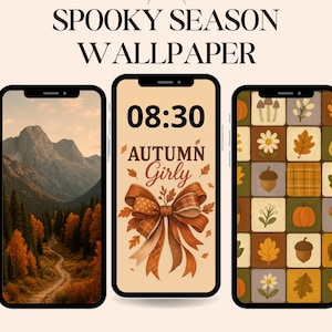 Può includere: Tre schermi di smartphone che mostrano sfondi a tema autunnale. Il primo mostra un paesaggio montano con colori autunnali. Il secondo presenta un fiocco e il testo "Autumn Girly". Il terzo mostra un motivo patchwork con zucche e foglie. Sono visibili anche i testi "Spooky Season Wallpaper" e "WildBloomGirl".