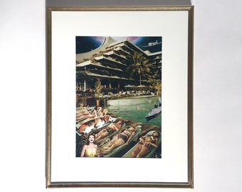 Retro Poolside Beagle Art Print – Surreal Mid-Century Collage