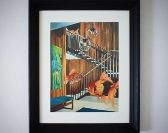 Surreal Goldfish Oil Painting Art Print – Mid-Century Modern Home Decor