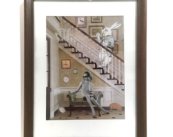 Original Hand-Cut Collage - Rabbit - Surrealism - Clock - Interior Design - Home Decor - Retro - Stairs - Mid-Century - Vintage - Fine Art