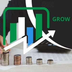 May include: Image of a financial growth concept. A person is stacking coins next to stacks of coins, with a green and white upward trending graph and the word "GROW" in green. An upward pointing white arrow is also present.