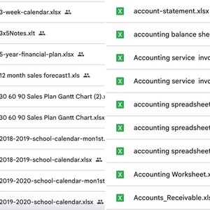 May include: A screenshot of a computer screen displaying a list of various Excel spreadsheet file names. The files include titles such as "3-week-calendar.xlsx", "5-year-financial-plan.xlsx", and "Accounting Worksheet.xlsx". The files are organized in a grid format.