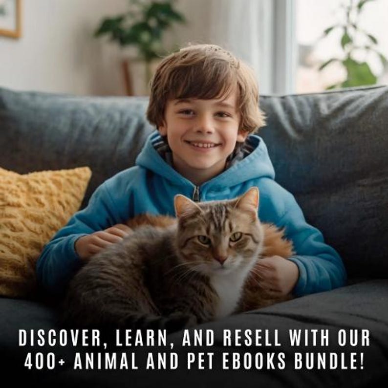 May include: A person smiles while holding a tabby cat on a blue sofa. The cat has brown and grey fur. The text at the bottom reads: DISCOVER, LEARN, AND RESELL WITH OUR 400+ ANIMAL AND PET EBOOKS BUNDLE!