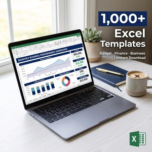 May include: A laptop displaying an Excel spreadsheet with financial data, including charts and graphs. The screen shows a "Monthly Business Performance Dashboard." Text on the screen includes "Revenue vs Expenses" and "Sales by Category." The image also features a mug, notebook, and succulent.
