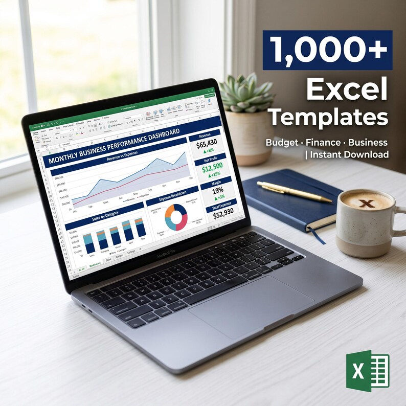 May include: A laptop displaying an Excel spreadsheet with financial data, including charts and graphs. The screen shows a "Monthly Business Performance Dashboard." Text on the screen includes "Revenue vs Expenses" and "Sales by Category." The image also features a mug, notebook, and succulent.