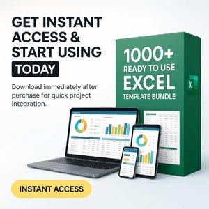 May include: A laptop, tablet, and smartphone display charts and graphs, with a green box labeled "1000+ READY TO USE EXCEL TEMPLATE BUNDLE." Text reads "GET INSTANT ACCESS & START USING TODAY" and "INSTANT ACCESS."
