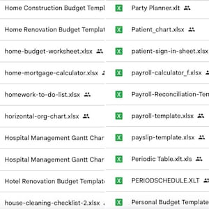 May include: A collection of spreadsheet file names, including "Home Construction Budget Templ", "Party Planner.xlt", and "Patient_chart.xlsx". The files are organized in a grid format with green checkmarks.