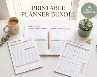 Printable Planner Bundle | Daily Weekly Monthly PDF | Goal Tracker Undated | GoodNotes Instant Download