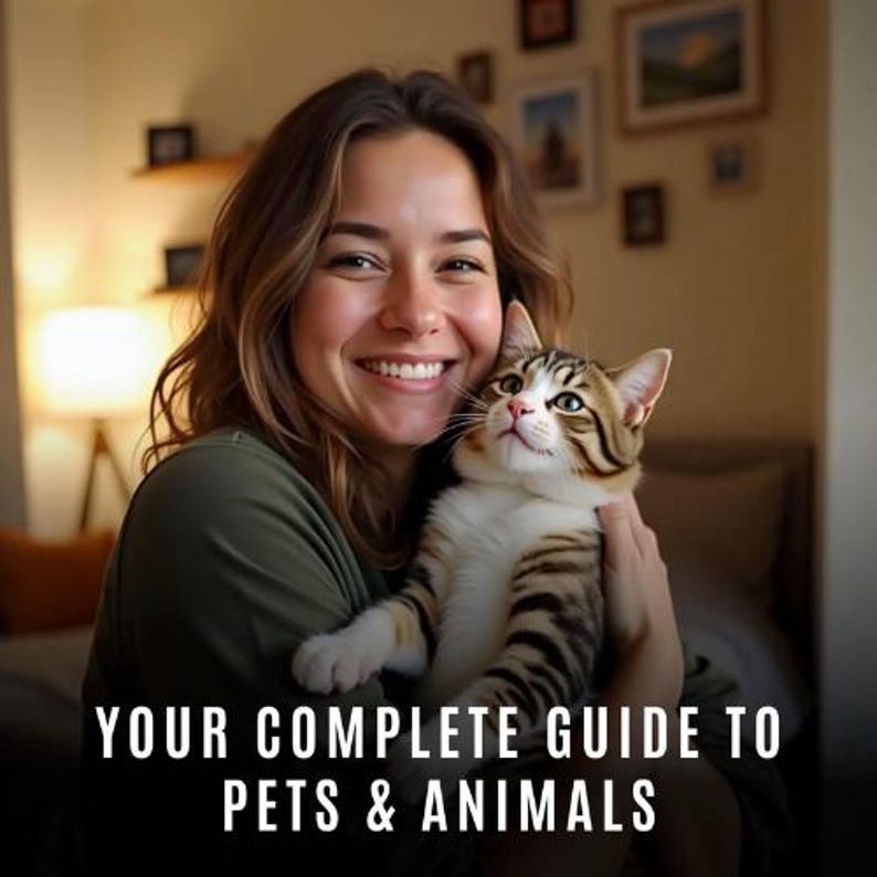 May include: A person smiles while holding a tabby cat with brown and white stripes. The cat looks upwards. The image has the text "YOUR COMPLETE GUIDE TO PETS & ANIMALS" in white letters at the bottom.