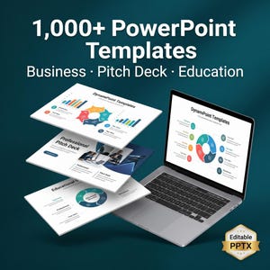 Puede incluir: Un portátil muestra una presentación de PowerPoint con diagramas circulares coloridos. Varias diapositivas flotantes muestran plantillas de negocios, pitch deck y educativas. La imagen incluye el texto "1.000+ plantillas de PowerPoint" y "PPTX editable".