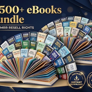 May include: A bundle of over 5,500 eBooks with PLR and MRR resell rights. The image displays a collection of books with titles like "Startup Success," "Social Media," and "Digital Marketing." The text "Instant Download" and "Commercial Use" are also visible.