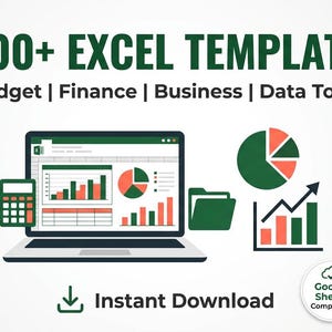 Op de afbeelding: Advertentie voor meer dan 1000 Excel-sjablonen. De afbeelding toont een laptop met grafieken, een rekenmachine en andere elementen voor gegevensvisualisatie. Tekst bevat "Budget | Finance | Business | Data Tools" en "Direct downloaden."