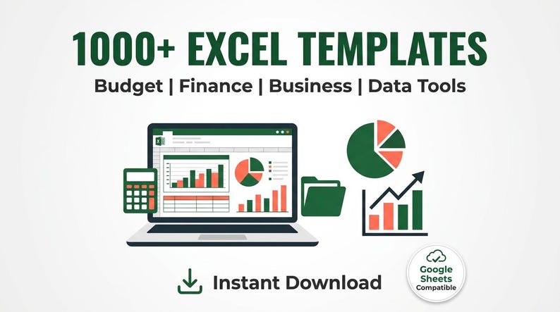 May include: An advertisement for over 1000 Excel templates. The image shows a laptop displaying charts and graphs, a calculator, and other data visualization elements. Text includes "Budget | Finance | Business | Data Tools" and "Instant Download."