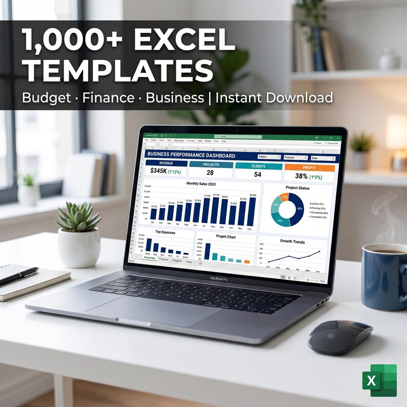 May include: A laptop displaying an Excel spreadsheet with financial data, including charts and graphs. The screen shows the text "BUSINESS PERFORMANCE DASHBOARD". The image also includes a mouse, a mug of coffee, and a small succulent plant in a white pot. The text "1,000+ EXCEL TEMPLATES" is at the top.