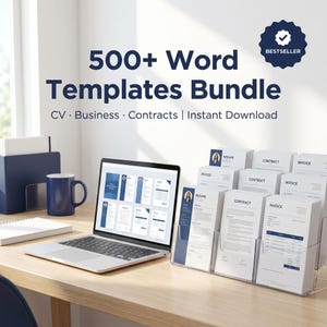 May include: A laptop displays templates, with stacks of printed documents labeled "Resume", "Contract", and "Invoice" nearby. A blue mug and organizer sit on a wooden desk. Text reads "500+ Word Templates Bundle" and "CV Business Contracts | Instant Download."