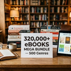 May include: A wooden table displays a stack of books, an open book, a coffee cup, and a sign that reads "320,000+ eBooks MEGA BUNDLE - 500 Genres." A tablet and smartphone show an eBook library. Bookshelves fill the background.