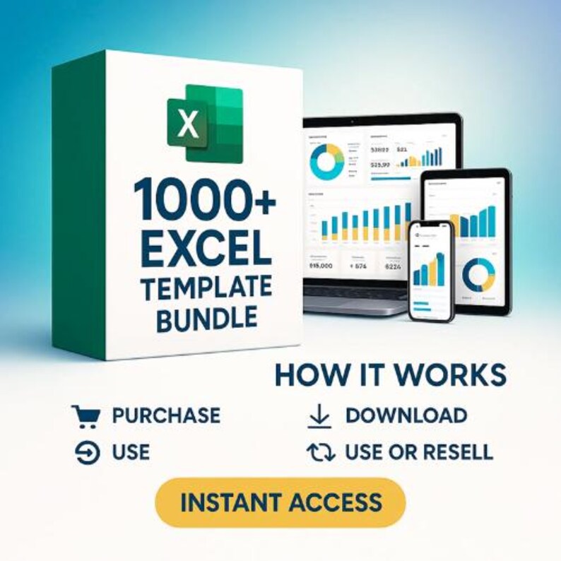 May include: A white box with the text "1000+ EXCEL TEMPLATE BUNDLE" and an Excel logo. A laptop, tablet, and smartphone display charts and graphs. The image also includes the text "HOW IT WORKS" and "INSTANT ACCESS".