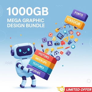 Op de afbeelding: Advertentie voor een grafisch ontwerp bundel. Een cartoon robot houdt blokken vast met de labels 'Vectors', 'Mockups', 'Textures' en 'Brushes'. De afbeelding bevat de tekst '1000GB MEGA GRAPHIC DESIGN BUNDLE' en een 'LIMITED OFFER' badge.