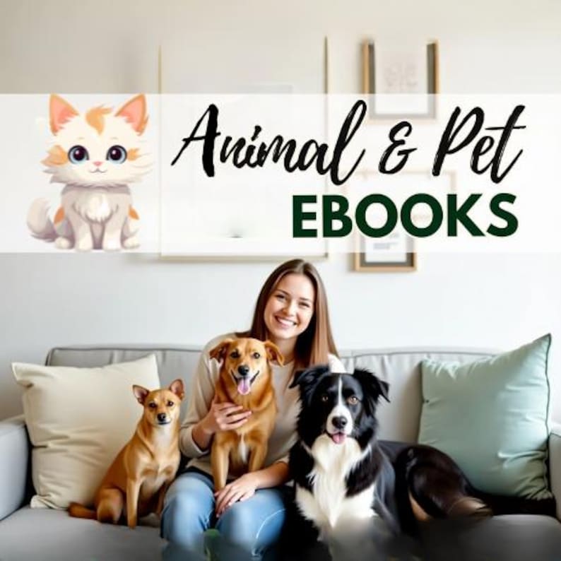 May include: An image advertising animal and pet ebooks. A woman smiles with three dogs on a grey sofa. A cartoon cat is in the top left. The text "Animal & Pet Ebooks" is displayed in a banner across the image.