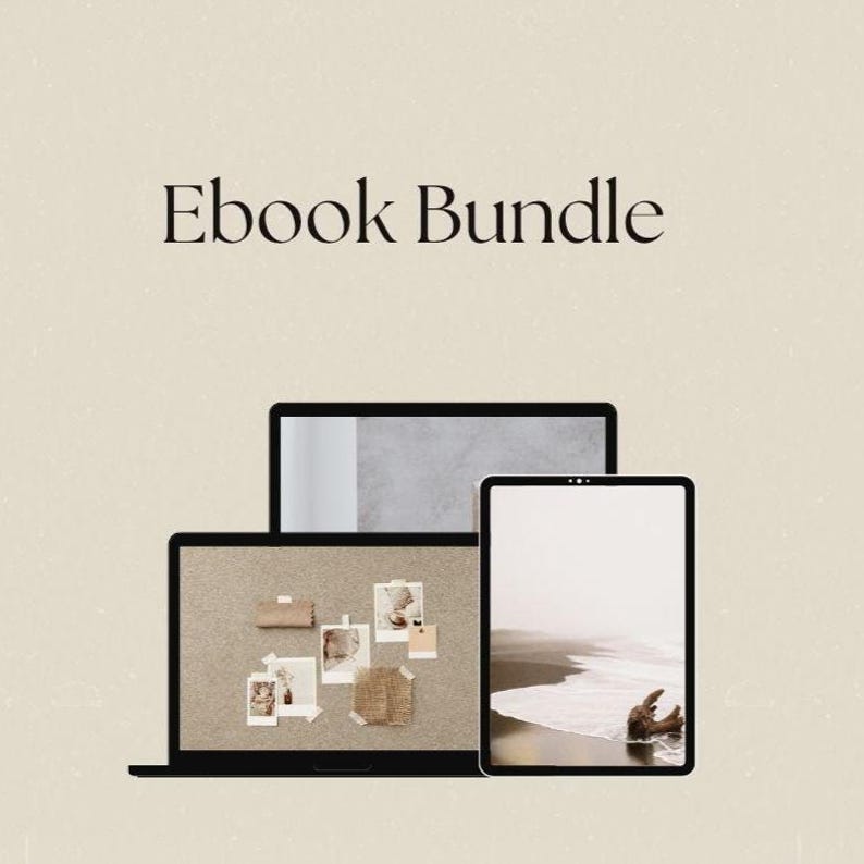 May include: An ebook bundle is displayed on a laptop, a tablet, and a desktop computer. The laptop screen shows a corkboard with photos and fabric swatches. The tablet displays a beach scene. The text "Ebook Bundle" is at the top.