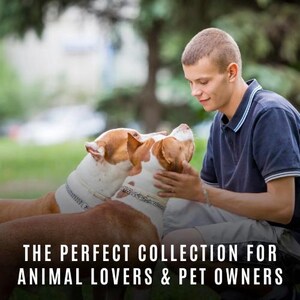 May include: A person petting two dogs with brown and white fur. The dogs are wearing silver collars. The text at the bottom of the image reads: THE PERFECT COLLECTION FOR ANIMAL LOVERS & PET OWNERS.