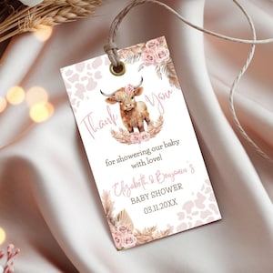 Bearbeitbarer Favor Tag Babyparty Highland Kuh, druckbares Dankeschön-Tag, digitale Vorlage Canva, Heiliges Kuhmädchen rosa Thema, BS45