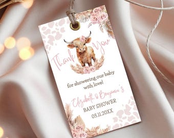 Editable Favor Tag Baby Shower Highland Cow, Printable Thank You Tag, Digital Template Canva, Holy Cow Girl Pink Theme, BS45
