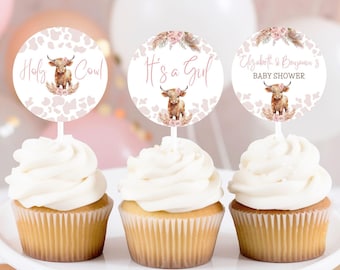 Editable Cupcake Toppers Baby Shower Girl Highland Cow, Set of 6 Cupcake Toppers Digital Template Canva, Holy Cow Printable Decor, BS45