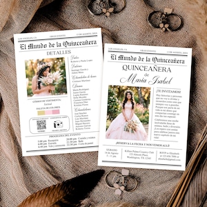 Invitación de quinceañera con diseño de periódico, en español e inglés, imprimible, tamaño 5x7, plantilla editable de Canva, N1