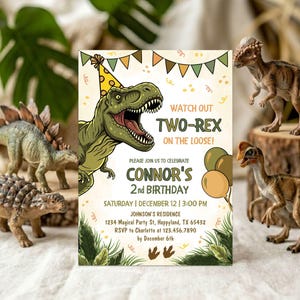2nd Birthday Invitation, Two Rex Dinosaur Party, Printable 5x7 Invite, DIY Editable Template Canva, S1