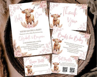 Paquete de invitaciones de vaca de las Tierras Altas para baby shower de niña, conjunto de invitaciones imprimibles Holy Cow, plantilla digital editable DIY Canva, BS45