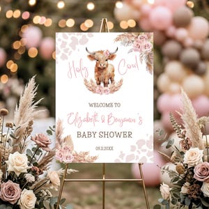 Highland Cow Editable Welcome Sign Baby Shower Girl, Large Sign Printable, Template Canva Digital Download, Holy Cow Welcome Poster, BS45