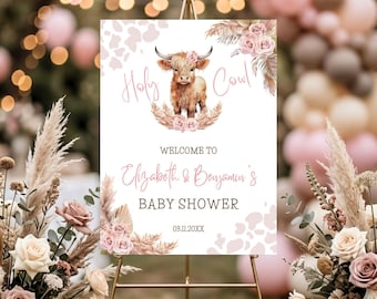 Letrero de bienvenida editable de vaca de las Tierras Altas para baby shower de niña, letrero grande imprimible, plantilla de descarga digital de Canva, póster de bienvenida de Holy Cow, BS45