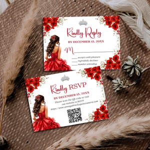 May include: Two invitation cards with a red floral design and the text "Kindly Reply" and "Kindly RSVP". The cards feature an illustration of a woman in a red dress and a QR code.