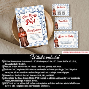 Puede incluir: Invitaci&oacute;n para baby shower con una ilustraci&oacute;n de botella de refresco vintage. La invitaci&oacute;n dice "She's Ready to Pop!" e incluye detalles del evento. Tambi&eacute;n se muestran tarjetas de registro de regalos, rifa de pa&ntilde;ales y solicitud de libros a juego.