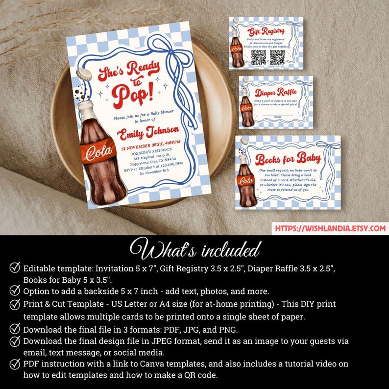 Puede incluir: Invitaci&oacute;n para baby shower con una ilustraci&oacute;n de botella de refresco vintage. La invitaci&oacute;n dice "She's Ready to Pop!" e incluye detalles del evento. Tambi&eacute;n se muestran tarjetas de registro de regalos, rifa de pa&ntilde;ales y solicitud de libros a juego.