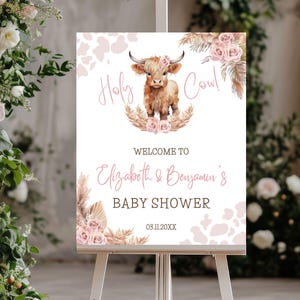 Letrero de bienvenida editable de vaca de las Tierras Altas para baby shower de niña, letrero grande imprimible, plantilla de descarga digital de Canva, póster de bienvenida de vaca sagrada, BS45