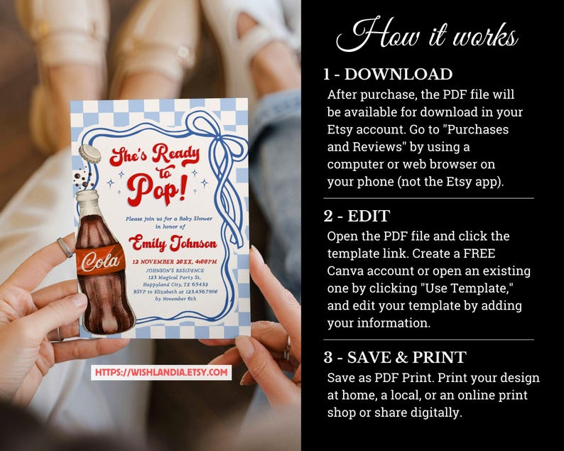 Puede incluir: Una invitaci&oacute;n para un baby shower con una ilustraci&oacute;n de una botella de refresco vintage. La invitaci&oacute;n presenta el texto "She's Ready to Pop!" en rojo, con detalles del evento y una direcci&oacute;n web. El fondo tiene un patr&oacute;n de cuadros azules y blancos.