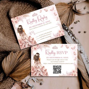 Quinceañera OSA-kort med QR-kod, fjärilsblommor i rosa guld, utskrivbart kort 5x3,5, gör-det-själv-redigerbar mall Canvas, A3