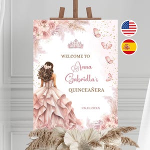 May include: A Quinceañera welcome sign featuring a watercolor illustration of a young woman in a pink gown, butterflies, and floral accents. The sign reads "Welcome to Anna Gabriella's Quinceañera" with the date 26.11.20XX.