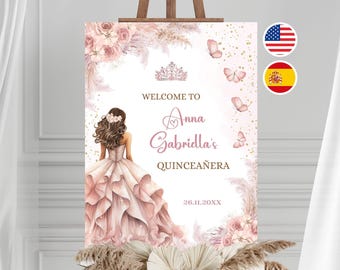 Editable Welcome Sign Quinceañera, English & Spanish, Pink Gold Floral Butterfly, Mis Quince Años Banner, Princess Dress, Template Canva, A3