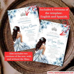 Quinceañera Invitation Light Blue Floral Silver Crown, Spanish & English, Printable 5x7 Invite, DIY Editable Template Canva, A1 image 2