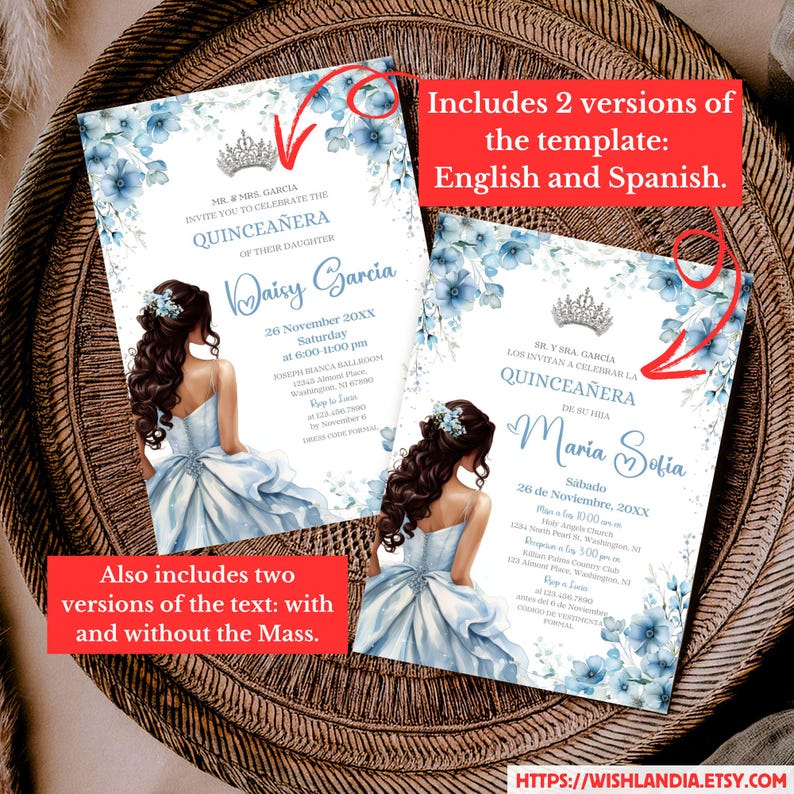 Quinceañera Invitation Light Blue Floral Silver Crown, Spanish & English, Printable 5x7 Invite, DIY Editable Template Canva, A1 image 2
