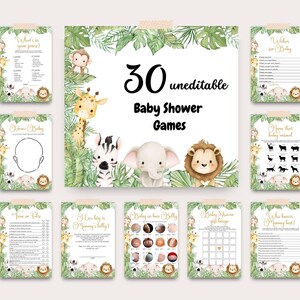 May include: A collection of baby shower games with a jungle theme. The games include "What's in your purse?", "Wishes for Baby", and "Name that baby animal". The central image reads "30 uneditable Baby Shower Games".