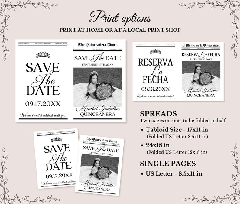 Editable Quinceañera Save the Date Newspaper, Spanish & English