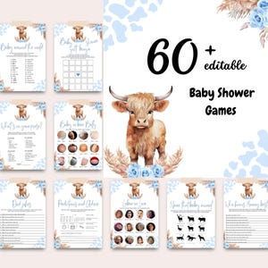May include: A collection of baby shower games with a rustic theme. The design features a watercolor illustration of a Highland cow, blue floral accents, and the text "60+ editable Baby Shower Games."