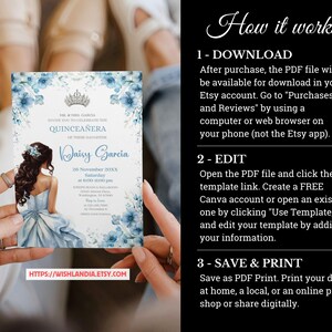 Quinceañera Invitation Light Blue Floral Silver Crown, Spanish & English, Printable 5x7 Invite, DIY Editable Template Canva, A1 image 8