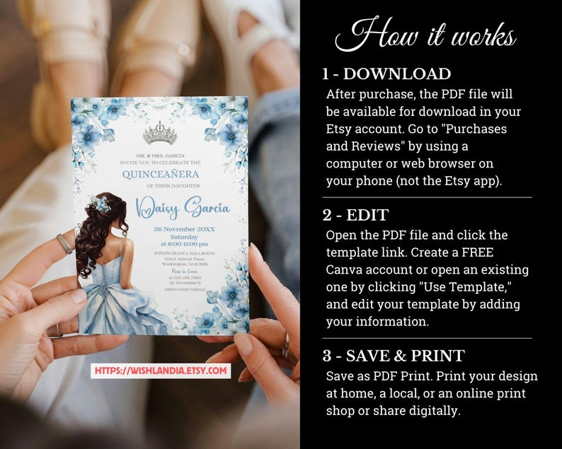 Quinceañera Invitation Light Blue Floral Silver Crown, Spanish & English, Printable 5x7 Invite, DIY Editable Template Canva, A1 image 8