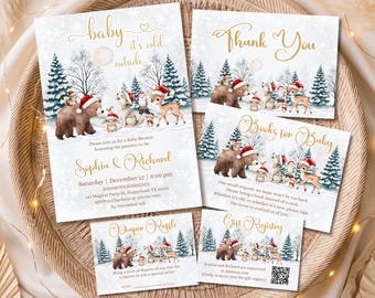 Baby Det är kallt ute babyshower-inbjudningspaket, utskrivbart inbjudningsset med vinterskog, redigerbar Canva-mall, CR2
